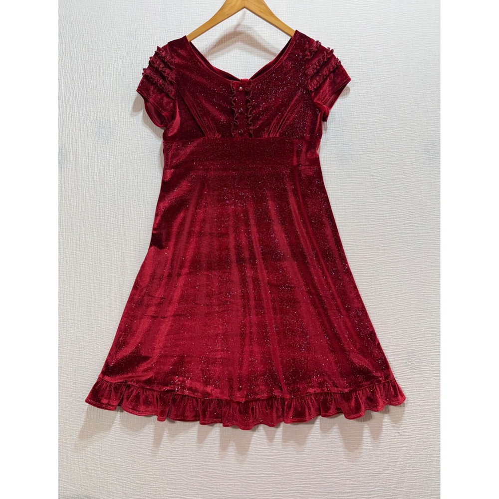Hype Velvet Glitter Dress Girls 16 Red Holiday Party Ruffle Sparkly V-Neck Y2K